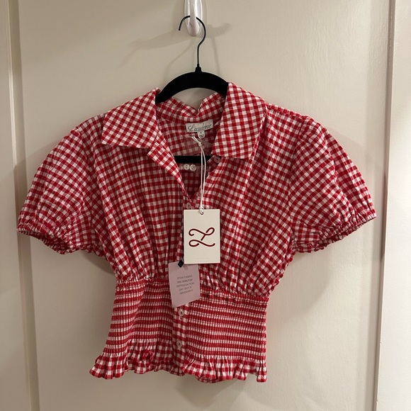 L'Academie Red Checkered Puff Sleeve Blouse - Picture 1 of 4
